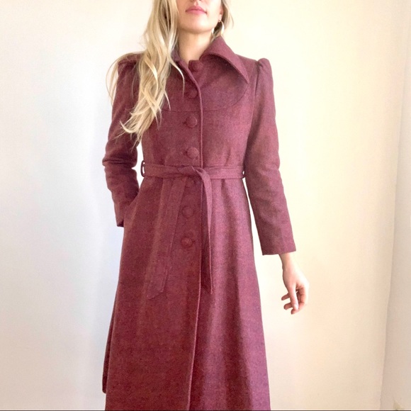 Vintage Style Burgundy Red/Pink/Purple Belted Coat - Picture 3 of 16